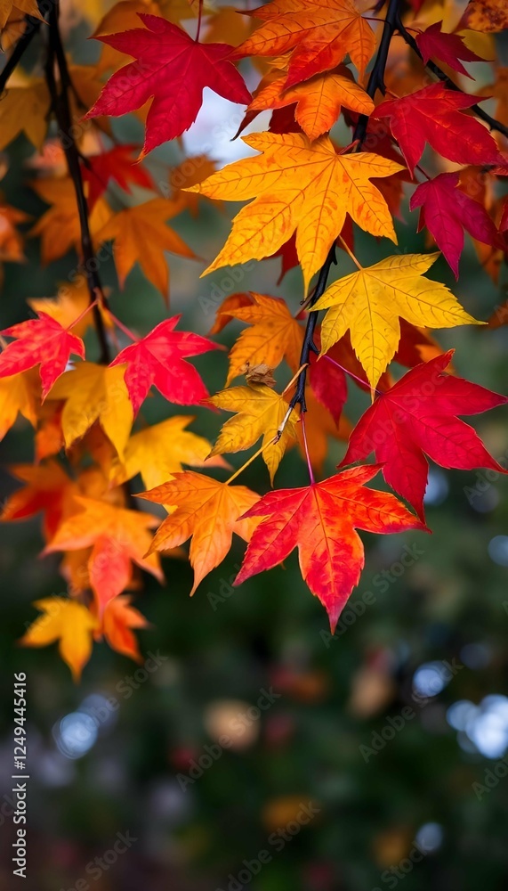 Poster generative ai captures the vibrant tapestry of autumnal maple leaves against a soft-focused backgrou