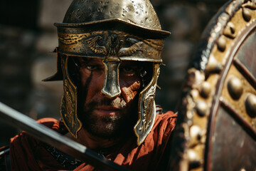 Generative AI image of a fierce ancient gladiator in battle-worn armor and helmet, inspired by Greek warriors