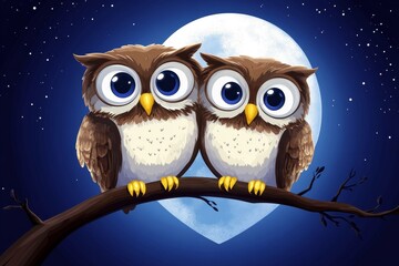 Fototapeta premium Two Owls on Branch Under Moon - Adorable cartoon owls perched on a branch, silhouetted against a heart-shaped moon and starry night sky.