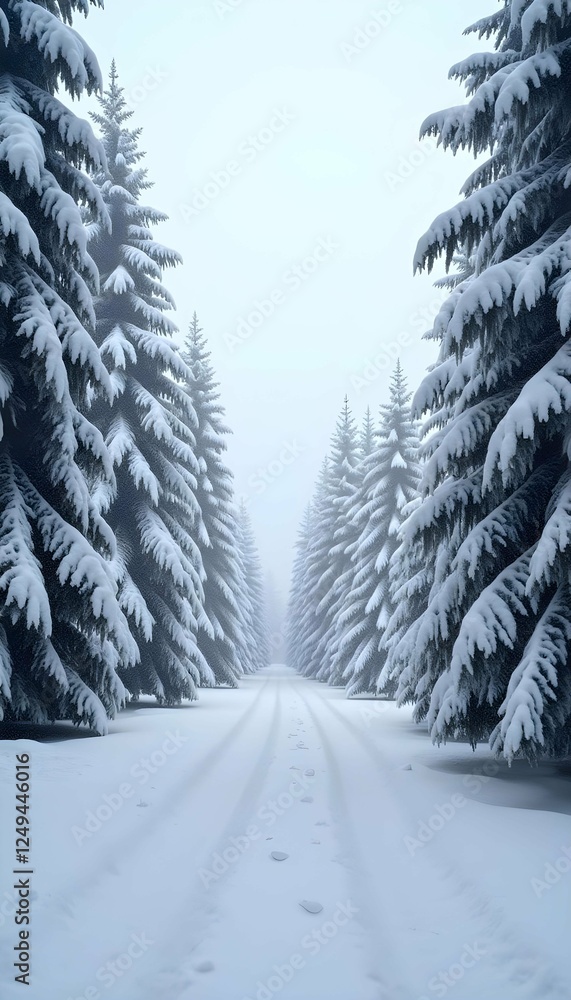 Poster generative ai image showcases a serene winter pathway through snow-laden pine trees