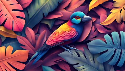 Fototapeta premium Tropical birds in dynamic positions surrounded by colorful foliage in vibrant shades