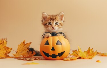 little cute kitten sitting next to a pumpkin autumn, Halloween