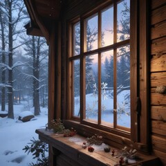 Snowflakes gently fall against the windowpane of a cozy cabin, icy reflection, snow-covered landscape