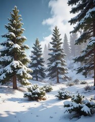 Naklejka premium Snowy pine trees and bushes in a winter wonderland, cold, background, winter, nature, pine
