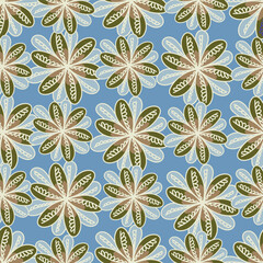 Trendy seamless vector floral pattern. Endless print made of small colorful flowers, leaves and berries. Summer and spring motifs. Dark blue background.Vector illustration