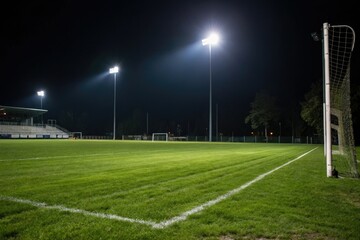 Soccer field at night with floodlights illuminating the grass, stadium, evening