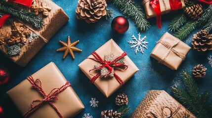 Fototapeta premium Christmas presents and fir branches on blue background. Mockup of christmas tree with christmas tree and a new year holiday. A gift laid out on a flat background with blue. Presents for lifestyle.