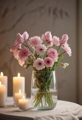 Naklejka premium Soft focus flowers in a glass vase with candles, organic , soft focus, gentle hues