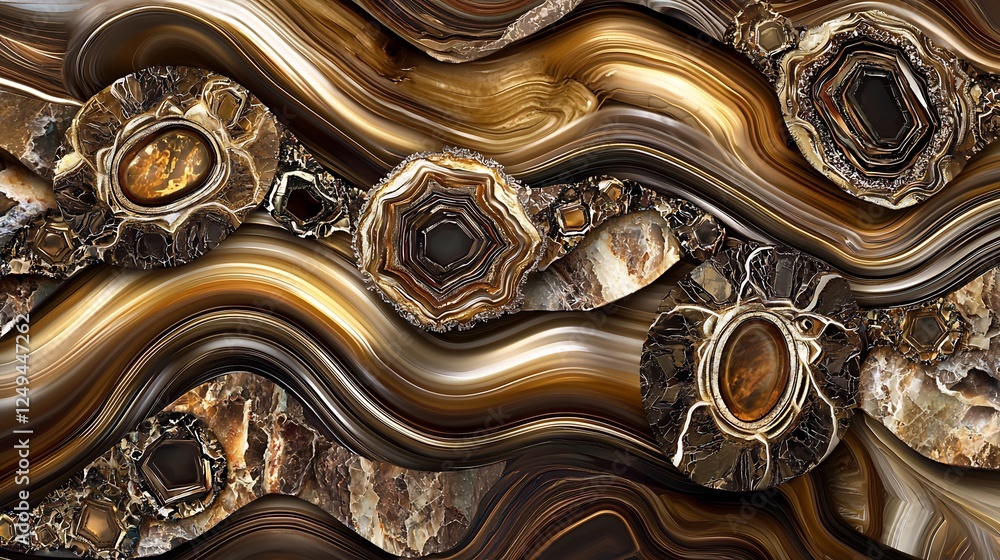 Aufkleber abstract art featuring swirling golden and brown lines with embedded gemstone like elements