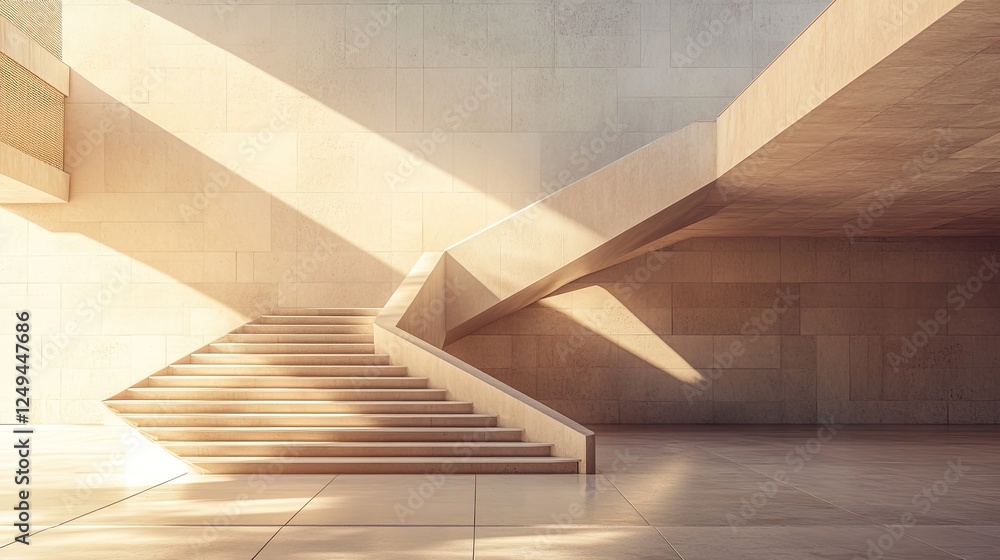Poster elegant staircase with sharp geometric angles, surrounded by minimalist architecture.