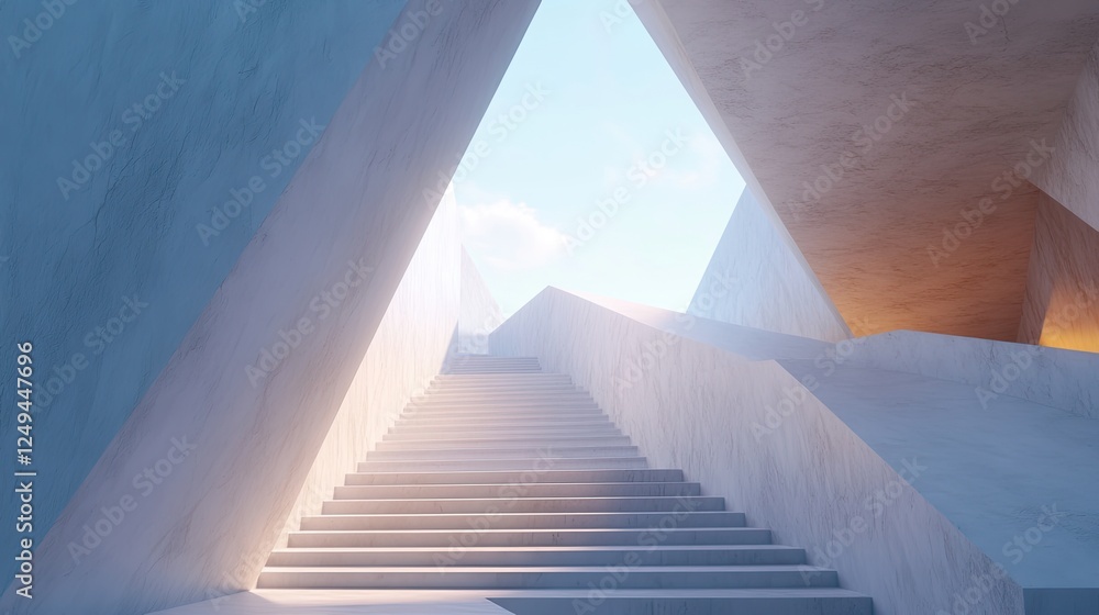 Poster elegant staircase with sharp geometric angles, surrounded by minimalist architecture.