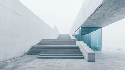 Elegant staircase with sharp geometric angles, surrounded by minimalist architecture.
