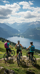 Fototapeta premium Mountain Bikers' Vista: Breathtaking Lake & Alps Adventure! Cycling Tour, Nature Escape, Outdoor Recreation, Active Lifestyle