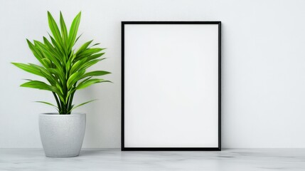 Simple Minimalist Picture Frame Mockup - Clean, modern design. Empty frame, plant, simple background.  Represents minimalism, serenity, home decor, blank space, and potential.