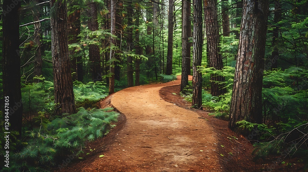 Poster a forest path winding through a thick grove of pine trees, the ground covered in a soft layer of pin