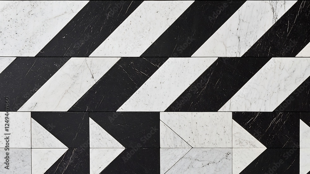 Poster geometric pattern of black and white marble tiles with diagonal lines and triangles