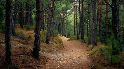 Obraz premium A forest path winding through a thick grove of pine trees, the ground covered in a soft layer of pine needles.