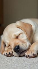 Fototapeta premium Dreamy Slumber: Cute Labrador Retriever Puppy Nestled Comfortably on a Plush Rug, Ideal for Pet Enthusiasts and Cozy Home Vibes