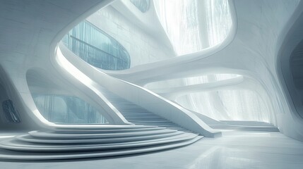 Fototapeta premium Futuristic minimalist space with clean lines, floating steps, and geometric volumes.