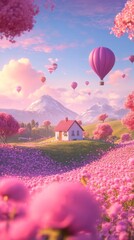 Fototapeta premium In a picturesque setting, hot air balloons rise into a purple-blue sky above lush green hills adorned with pink blossoms and a quaint cottage. The enchanting atmosphere invites serenity