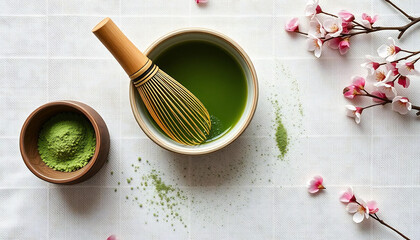 Fototapeta premium Traditional Matcha Preparation with Bamboo Whisk and Ceramic Bowl