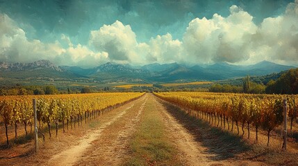Fototapeta premium Serene vineyard landscape stretching towards distant mountains under a cloudy sky.