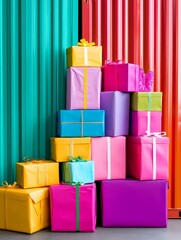 Shipping container filled with colorful wrapped presents - A vibrant display of wrapped gifts symbolizing celebration, joy, generosity, surprise