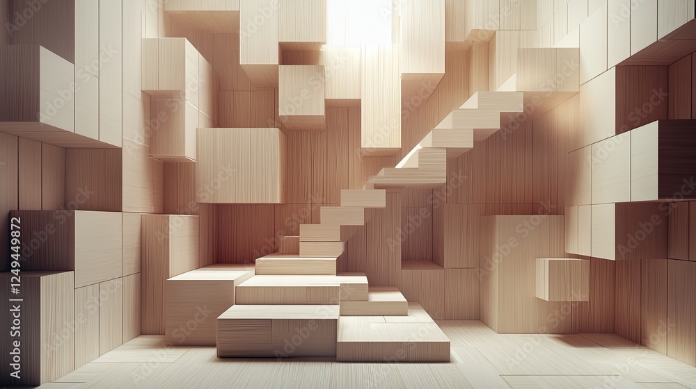 Poster large-scale geometric blocks forming a structured minimalist environment with an abstract staircase.