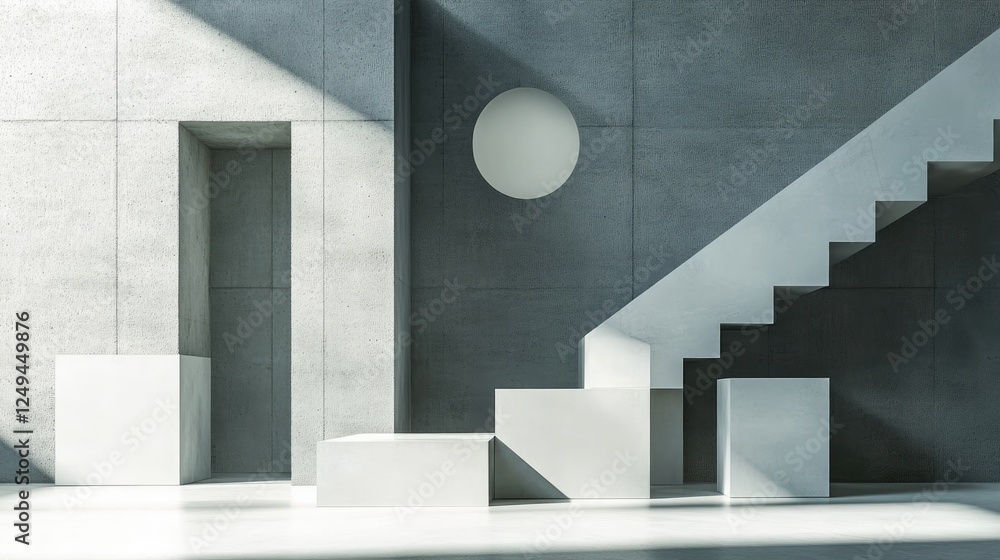 Poster large-scale geometric blocks forming a structured minimalist environment with an abstract staircase.