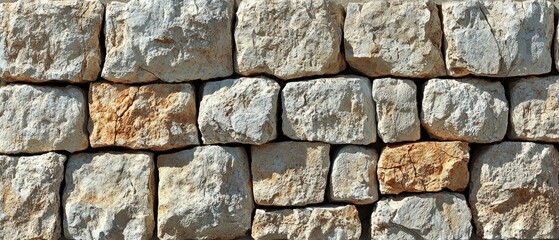 Obraz premium A textured stone wall made of irregularly shaped stones in various shades of gray and beige.