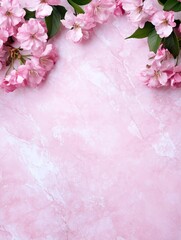 Pink Floral Background with Cherry Blossoms - A beautiful pink marble background adorned with delicate cherry blossoms and green leaves, perfect for spring-themed designs or invitations.