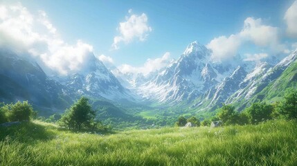 Fototapeta premium Sunny alpine valley, lush meadow, snow-capped peaks, scenic vista