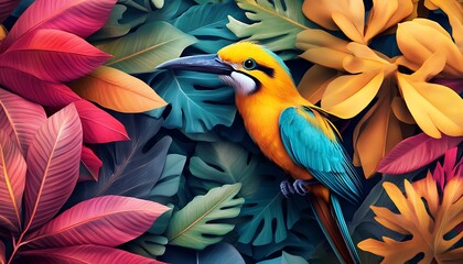 Obraz premium Tropical birds in dynamic positions surrounded by colorful foliage in vibrant shades