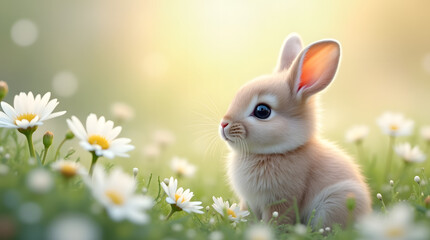 Whimsical Peace: An Adorable Fluffy Bunny with Enchanting Eyes Nestles Amidst a Serene Meadow of White Blossoms