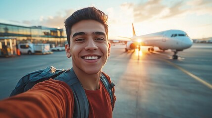 Happy young man taking selfie picture with smart mobile phone boarding on air plane - Cheerful tourist standing at the airport - Travel life style concept, generative ai