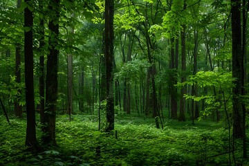 A lush, green forest with a thick canopy, creating a cool, shaded environment on the forest floor.