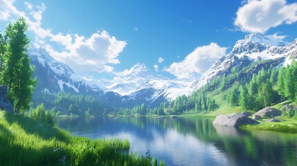 Fototapeta premium Towering Peaks Evergreen Forest Vibrant Waters Peaceful Wilderness View