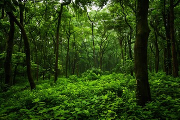 Fototapeta premium A lush, green forest with a thick canopy, creating a cool, shaded environment on the forest floor.