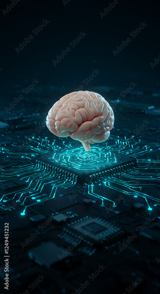 Poster brain meets tech: ai integration on circuit board. neural network & high tech. decoding human intell