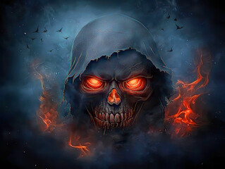 Skull emerges in abstract surrealism creepy with fire and swirling smoke. Dark Skull With Glowing Eyes Surrounded By Smoke And Flames