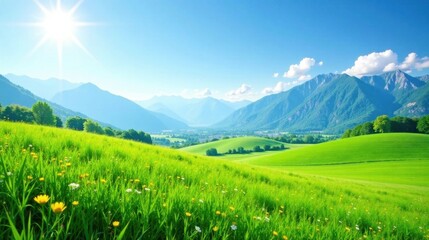 Obraz premium Serene Meadow Landscape with Rolling Hills and Majestic Mountain Range Under a Bright Sunny Sky