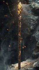 Glowing magic staff stands on stone against a blurred background