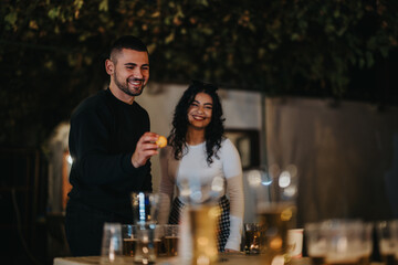 Two friends engage in a cheerful activity, sharing laughter and creating memorable moments together in a warm and inviting atmosphere.