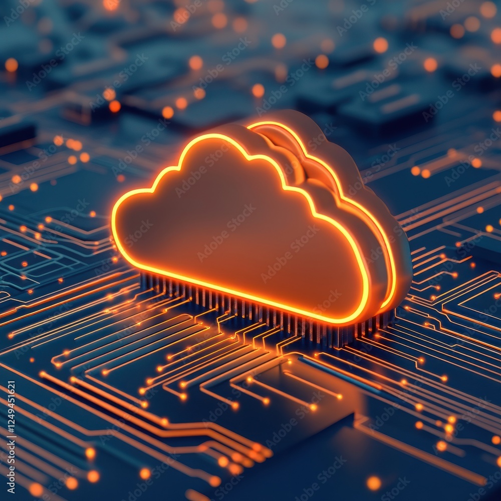 Poster a conceptual image showcasing cloud computing with glowing orange cloud icon on a digital circuit ba