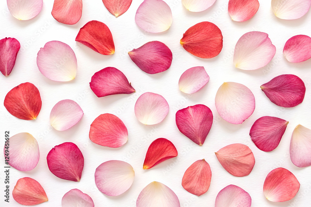 Sticker A vibrant arrangement of pink and white rose petals scattered on a clean background, showcasing their delicate textures and colors.