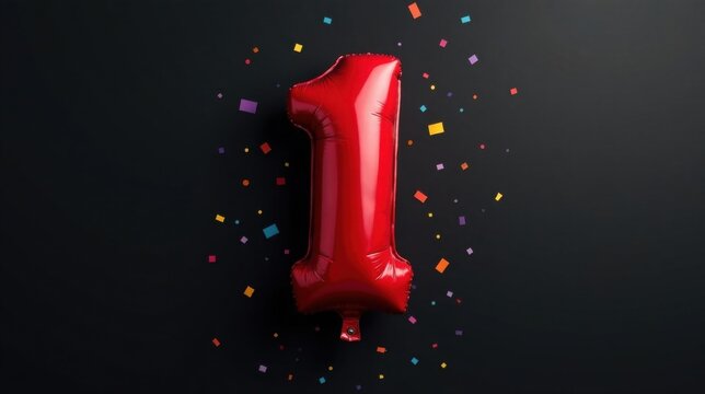 A vibrant red number one balloon amidst colorful confetti on a dark background, celebrating a momentous occasion