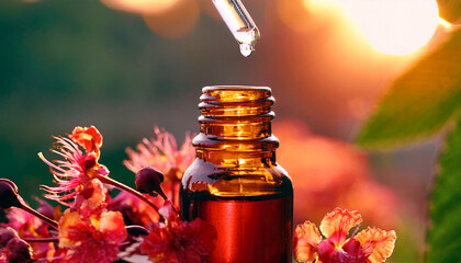 Aesculus red chestnut tree Flower Bach remedy, Amber glass bottle dropper pipette drop essence, sun, therapy