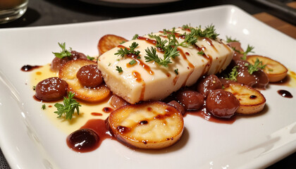 A dish of perfectly seared scallops paired with caramelized pears, finished with balsamic reduction and fresh thyme.