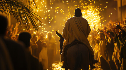 Jesus Riding Through a Palm-Lined Pathway at Sunset