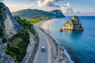 Coastal road trip Car drives scenic seaside highway, idyllic beach, island background